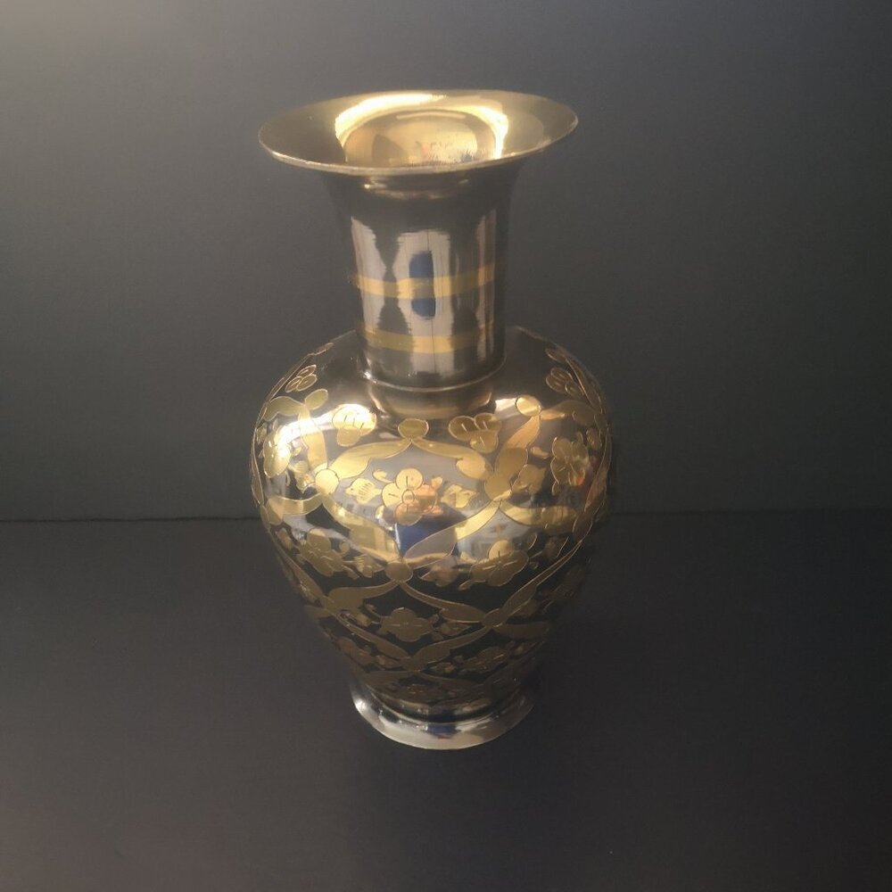 Vintage Made in India Large Brass Vase w/ Etched Floral Designs 10 1/2"